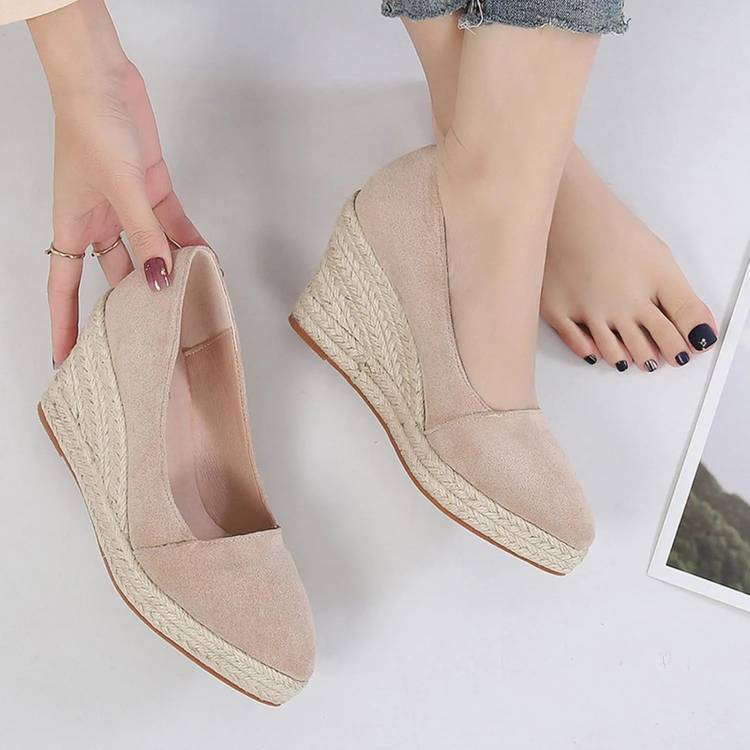 Wedge Sandals for Women 2024 Fashion Toe Slip On Espadrilles Casual Shoes Woman Canvas Trendy Shoes High Heels Shoes For