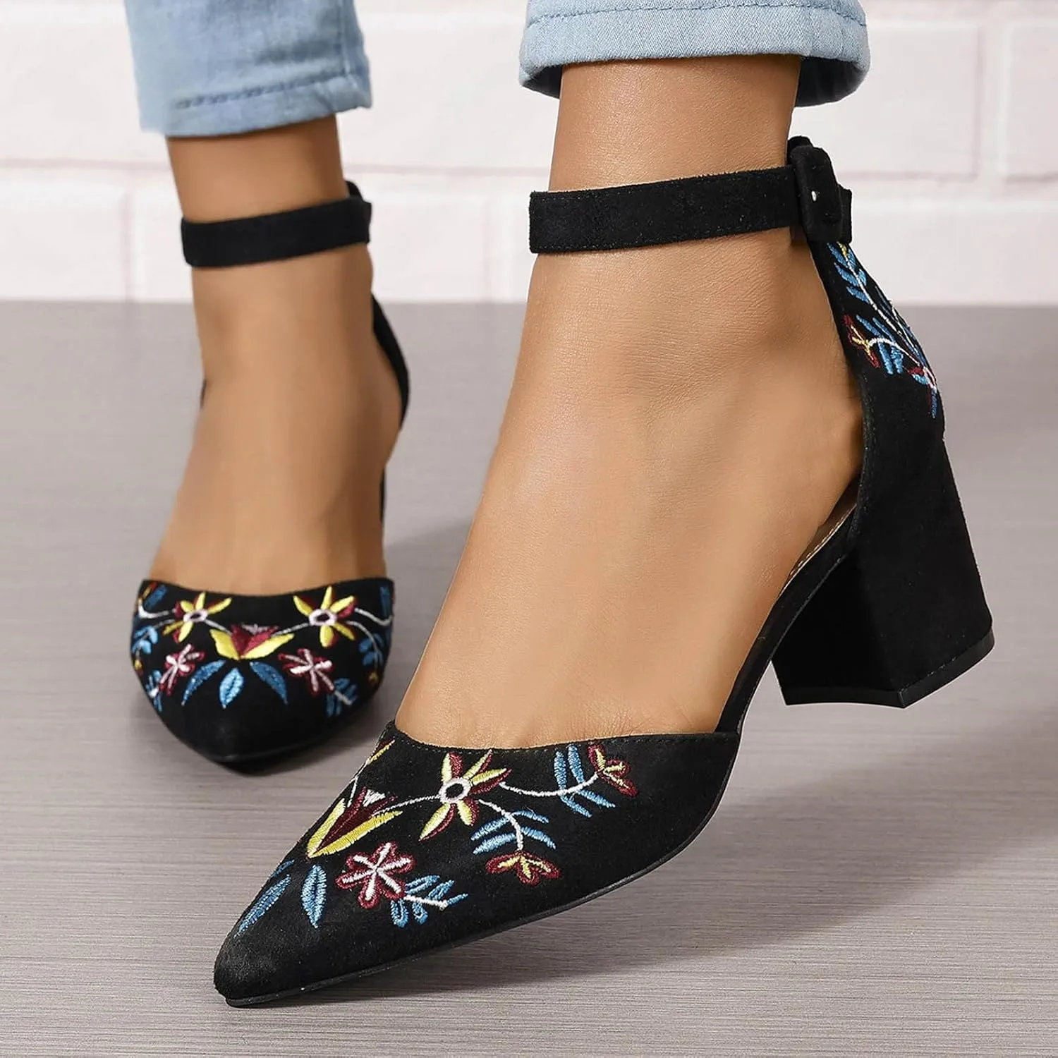 Women's Ankle Strap Pointed Toe Block Heels with Ankle Strap Ladies High Heels Women's Sandals Casual Heels