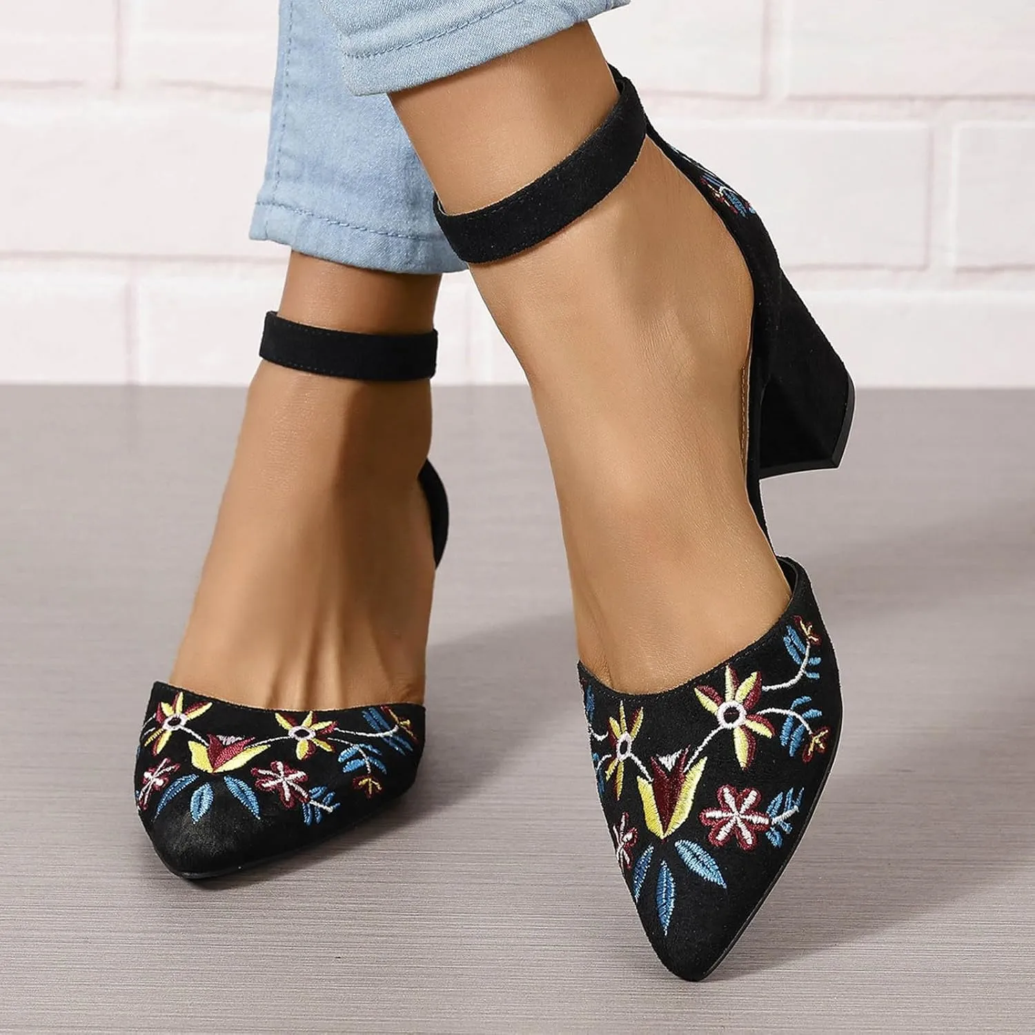 Women's Ankle Strap Pointed Toe Block Heels with Ankle Strap Ladies High Heels Women's Sandals Casual Heels