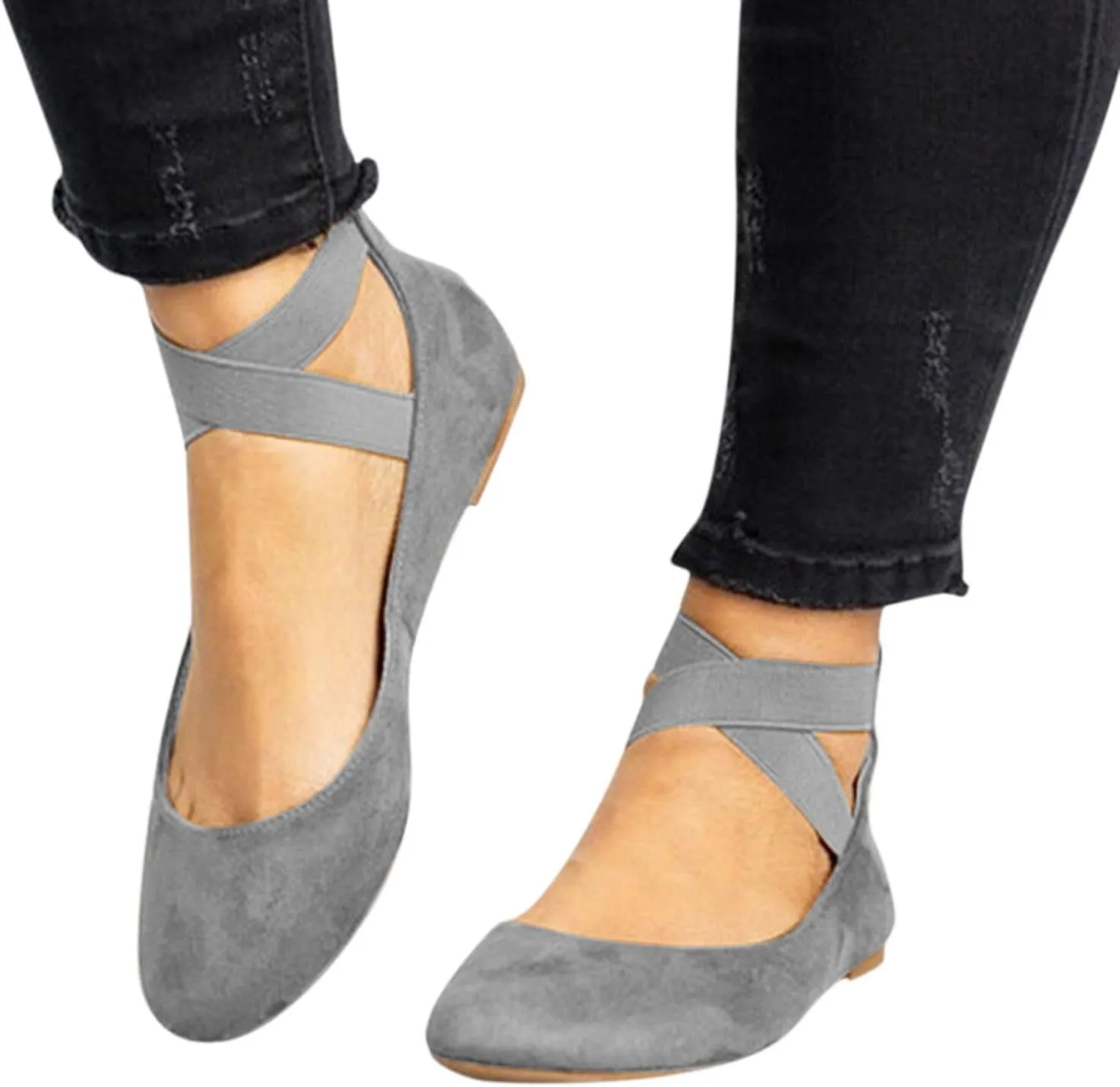 Womens Comfortable Fashion Elastic Ankle Straps Flats Shoes, Dressy Ballerina Style Closed Toe Casual Flat Cross Strap Slip on Dress Shoes