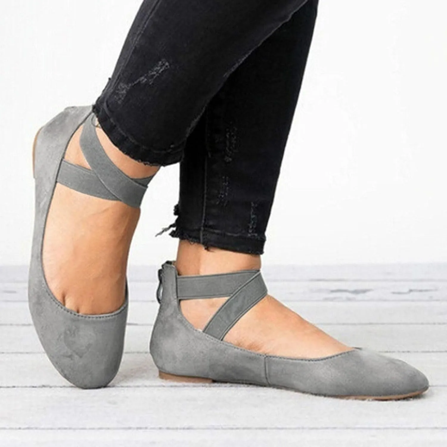 Womens Comfortable Fashion Elastic Ankle Straps Flats Shoes, Dressy Ballerina Style Closed Toe Casual Flat Cross Strap Slip on Dress Shoes