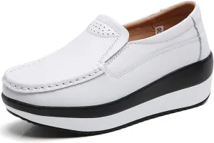 Women's Comfortable Platform Leather Wedge Walking Shoes Fashion Thick Sole Non-Slip Soft Casual Loafers with Arch Support