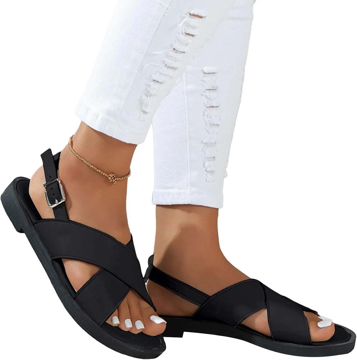 Women's Flat Dress Shoes Wide Width Sandals 2025 Summer Fashionable Casual Retro Hollow Open Toe Comfortable Sandals Boho Casual High Wedges Walking Adjustable Strappy Footwear