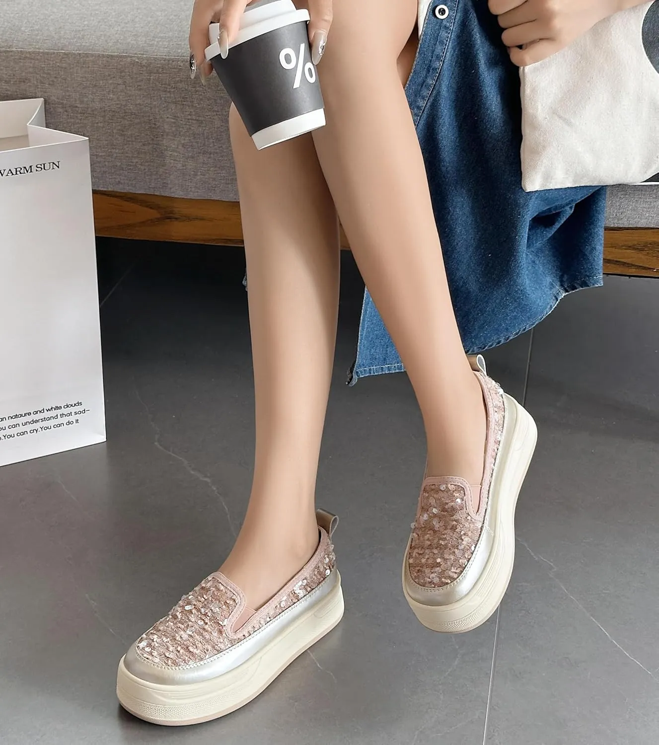 Women's Glitter Sequins Loafers Casual Platform Slip-On Sneakers