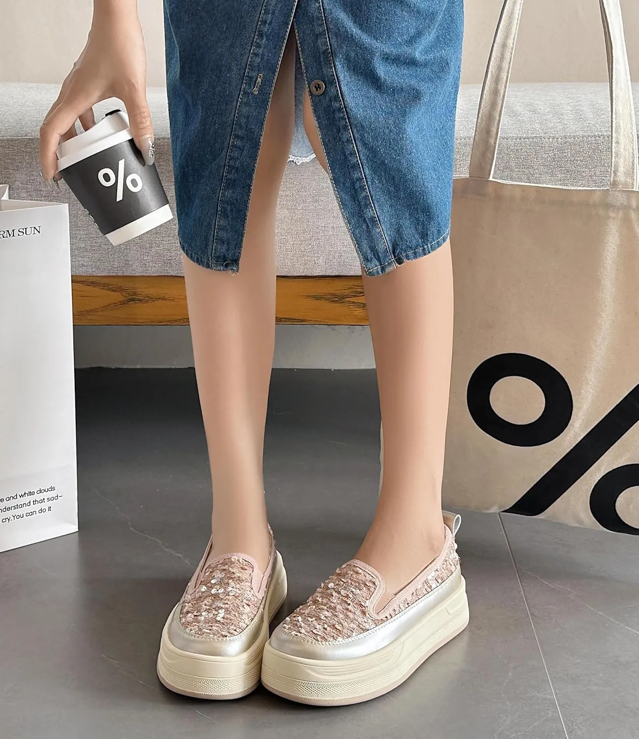 Women's Glitter Sequins Loafers Casual Platform Slip-On Sneakers