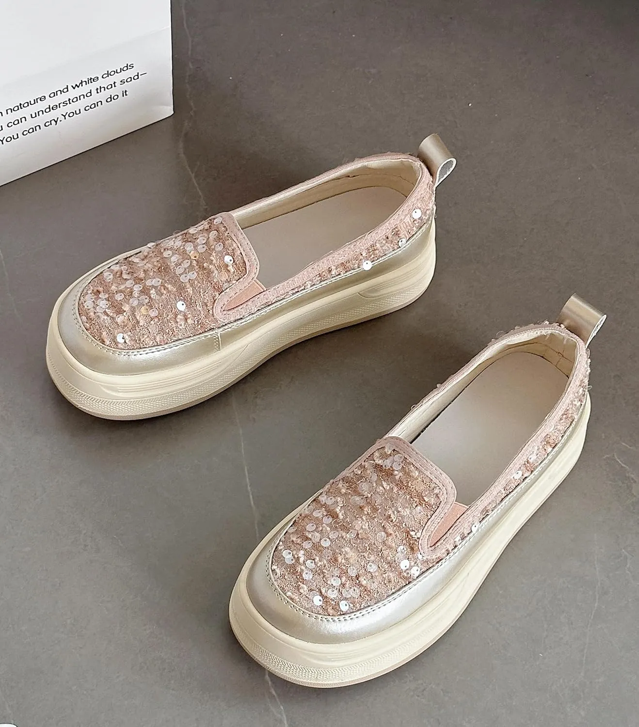 Women's Glitter Sequins Loafers Casual Platform Slip-On Sneakers