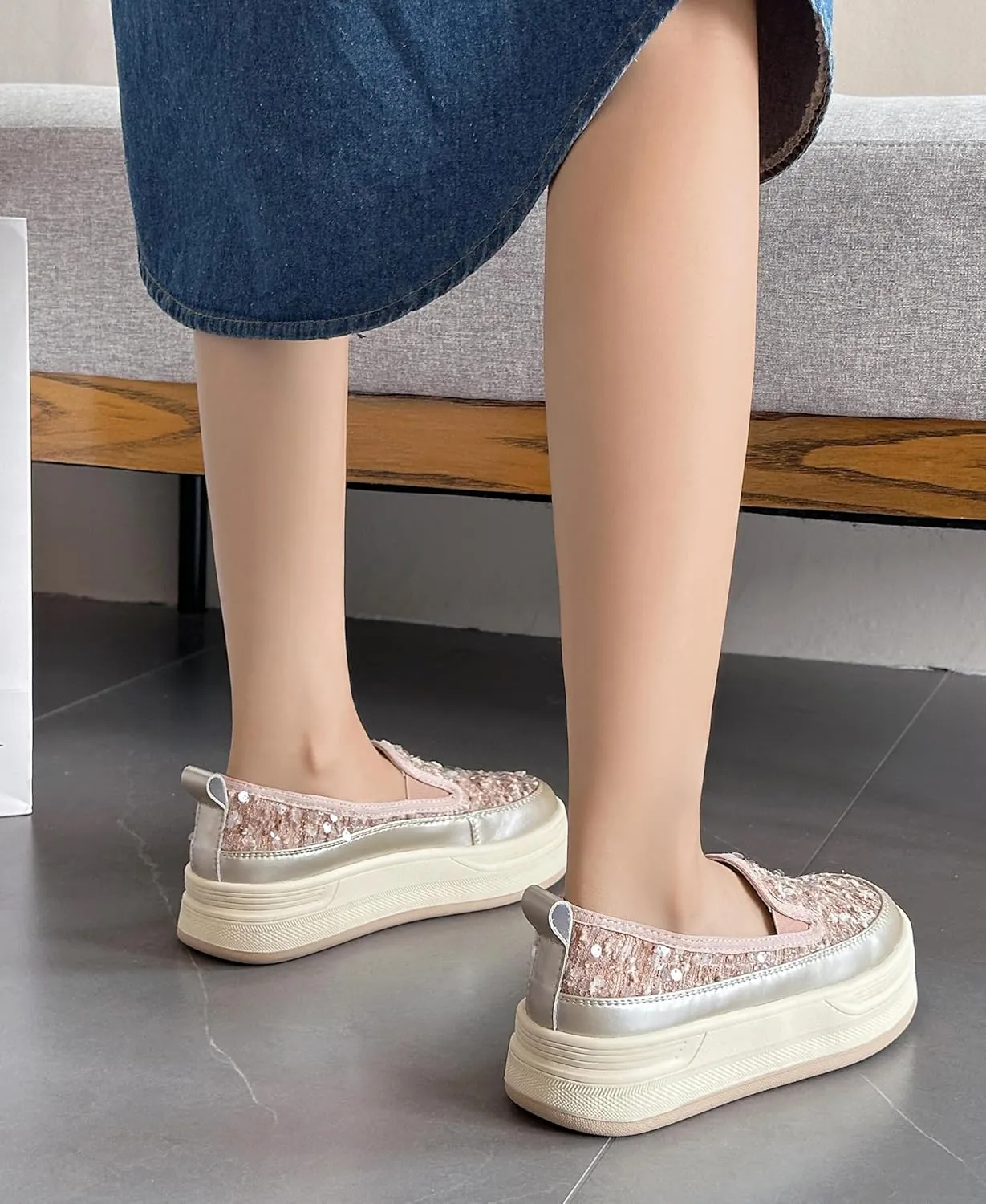 Women's Glitter Sequins Loafers Casual Platform Slip-On Sneakers