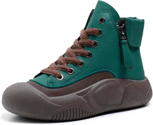 Women's Leather Lace Up Platform Height Increasing Sneakers Fashion Comfortable Round Toe Casual Walking Shoes Side Zipper High Top Outdoor Sports Trainers