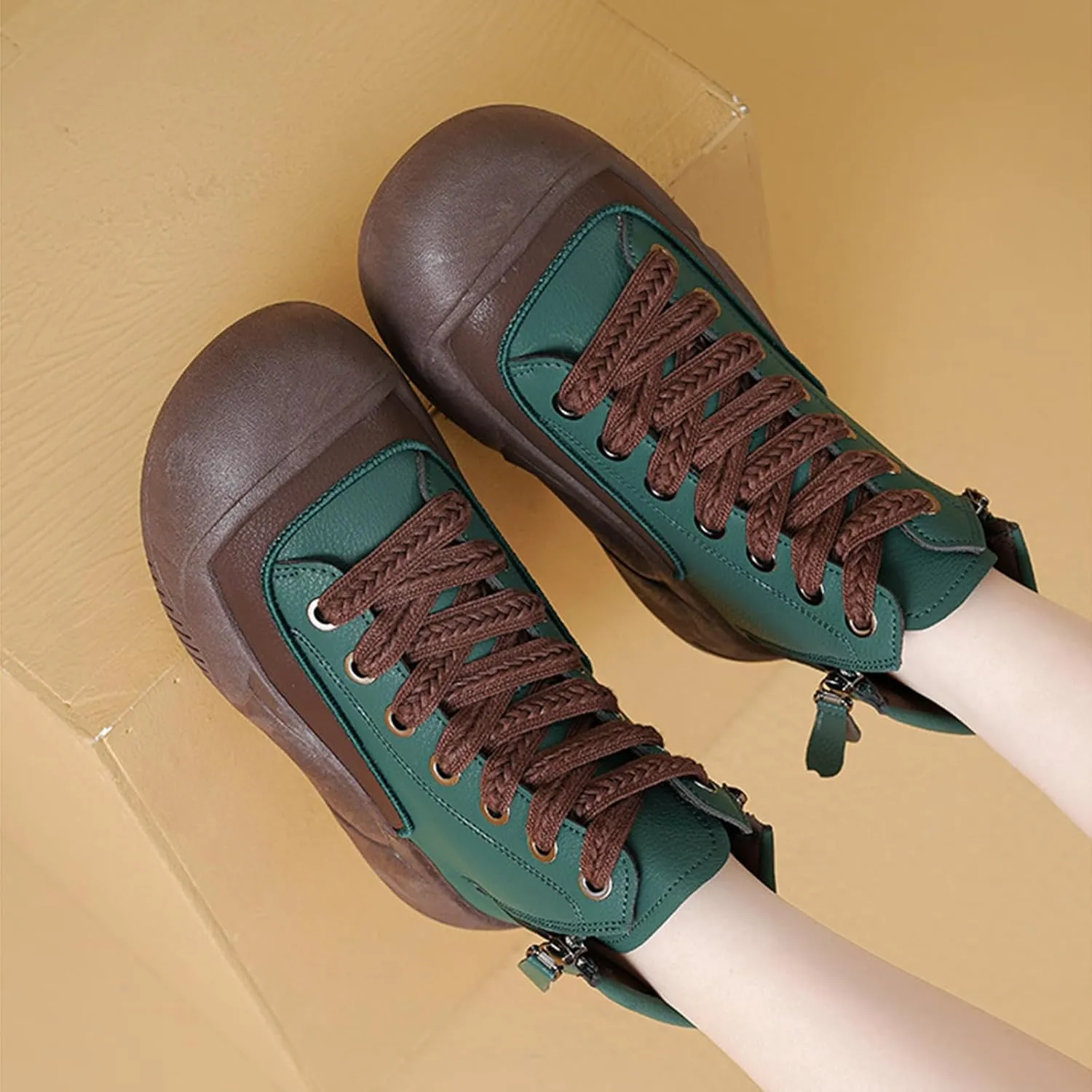Women's Leather Lace Up Platform Height Increasing Sneakers Fashion Comfortable Round Toe Casual Walking Shoes Side Zipper High Top Outdoor Sports Trainers