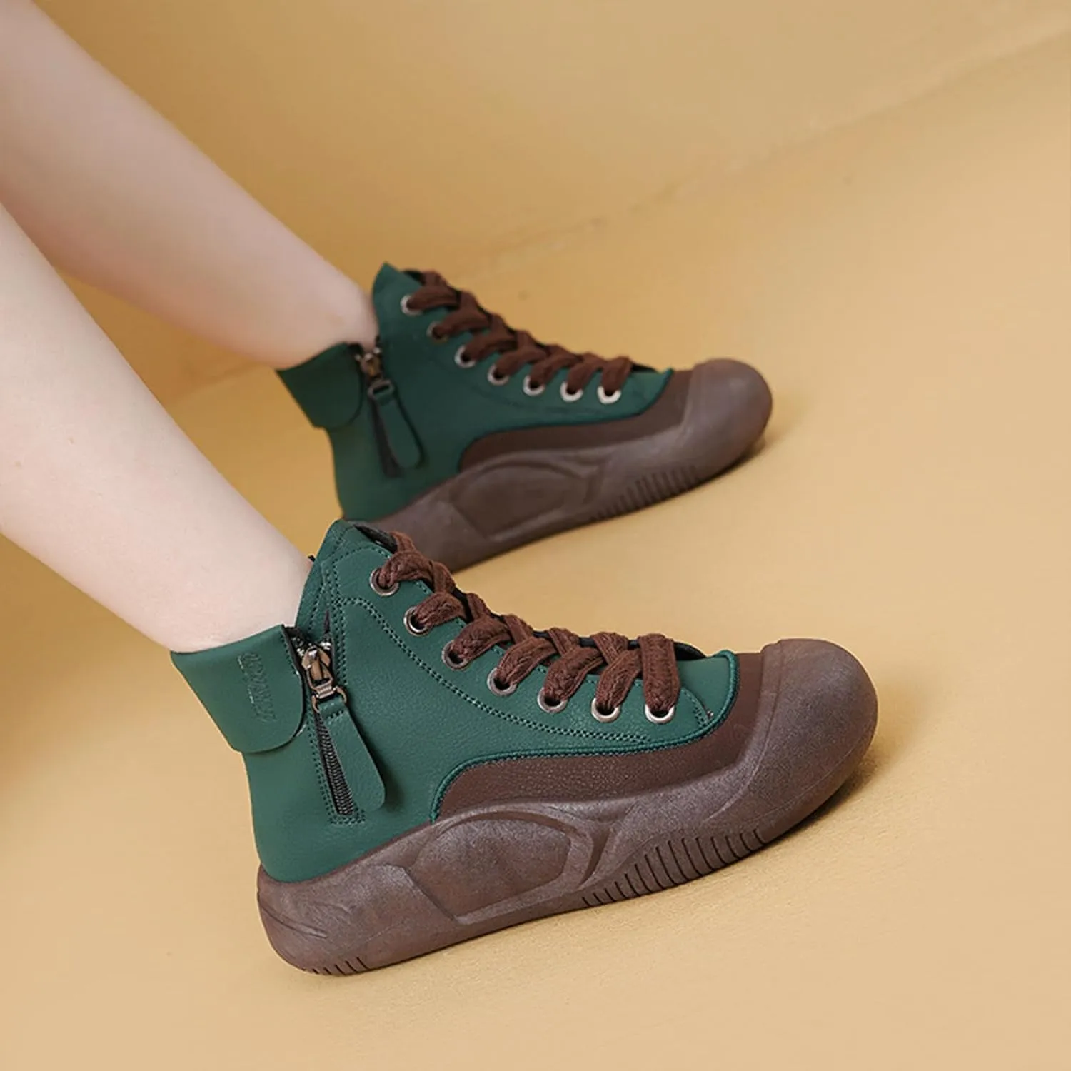 Women's Leather Lace Up Platform Height Increasing Sneakers Fashion Comfortable Round Toe Casual Walking Shoes Side Zipper High Top Outdoor Sports Trainers
