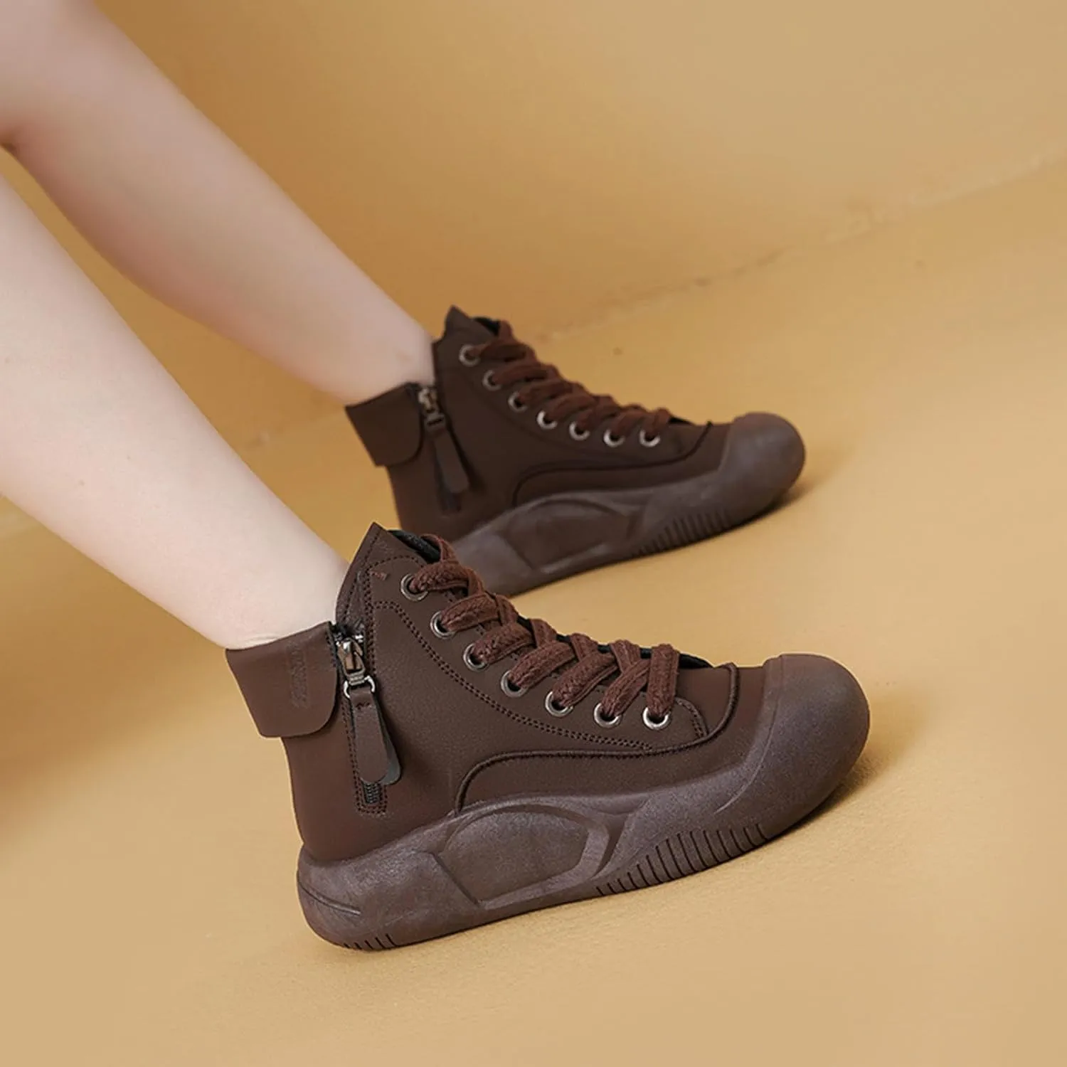 Women's Leather Lace Up Platform Height Increasing Sneakers Fashion Comfortable Round Toe Casual Walking Shoes Side Zipper High Top Outdoor Sports Trainers