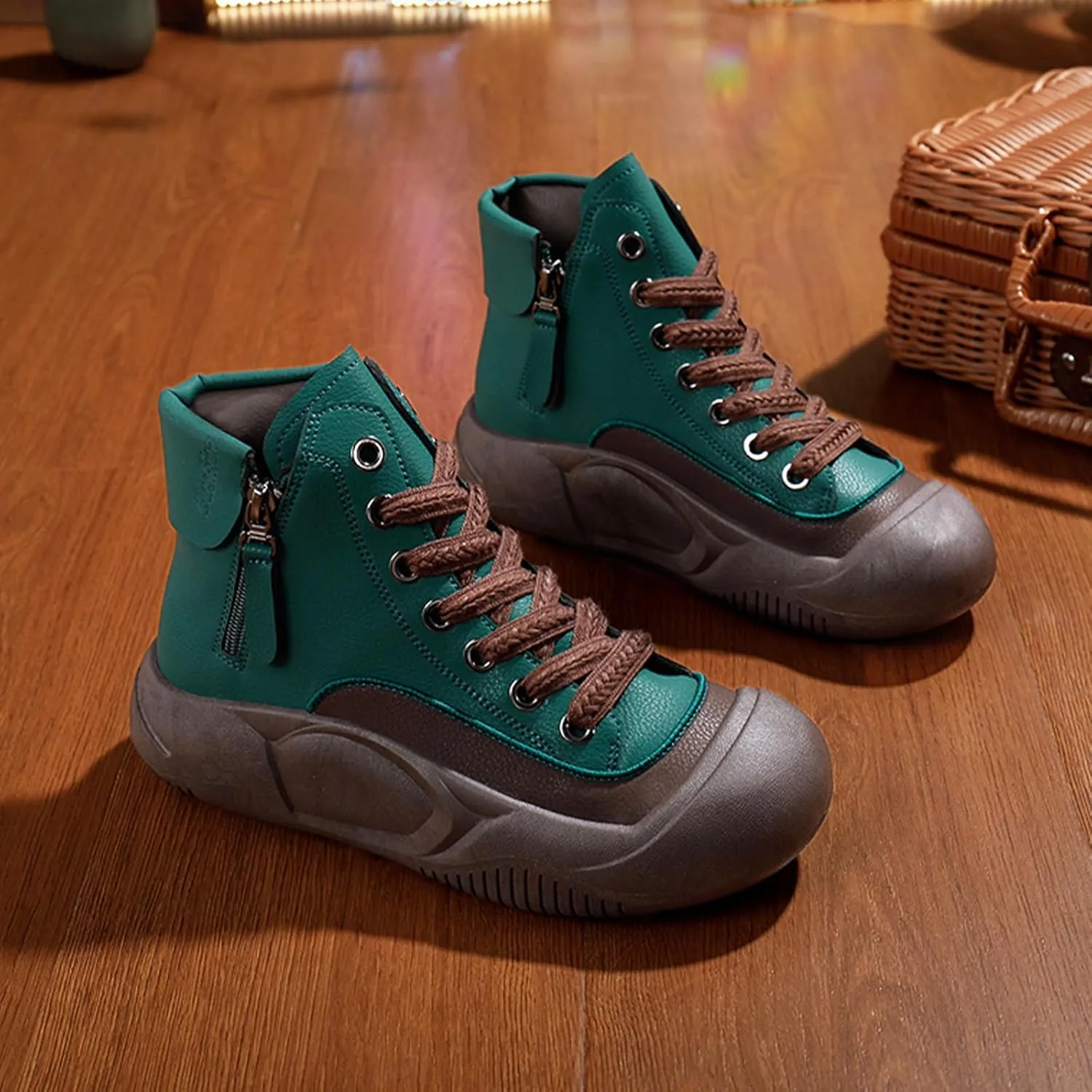 Women's Leather Lace Up Platform Height Increasing Sneakers Fashion Comfortable Round Toe Casual Walking Shoes Side Zipper High Top Outdoor Sports Trainers