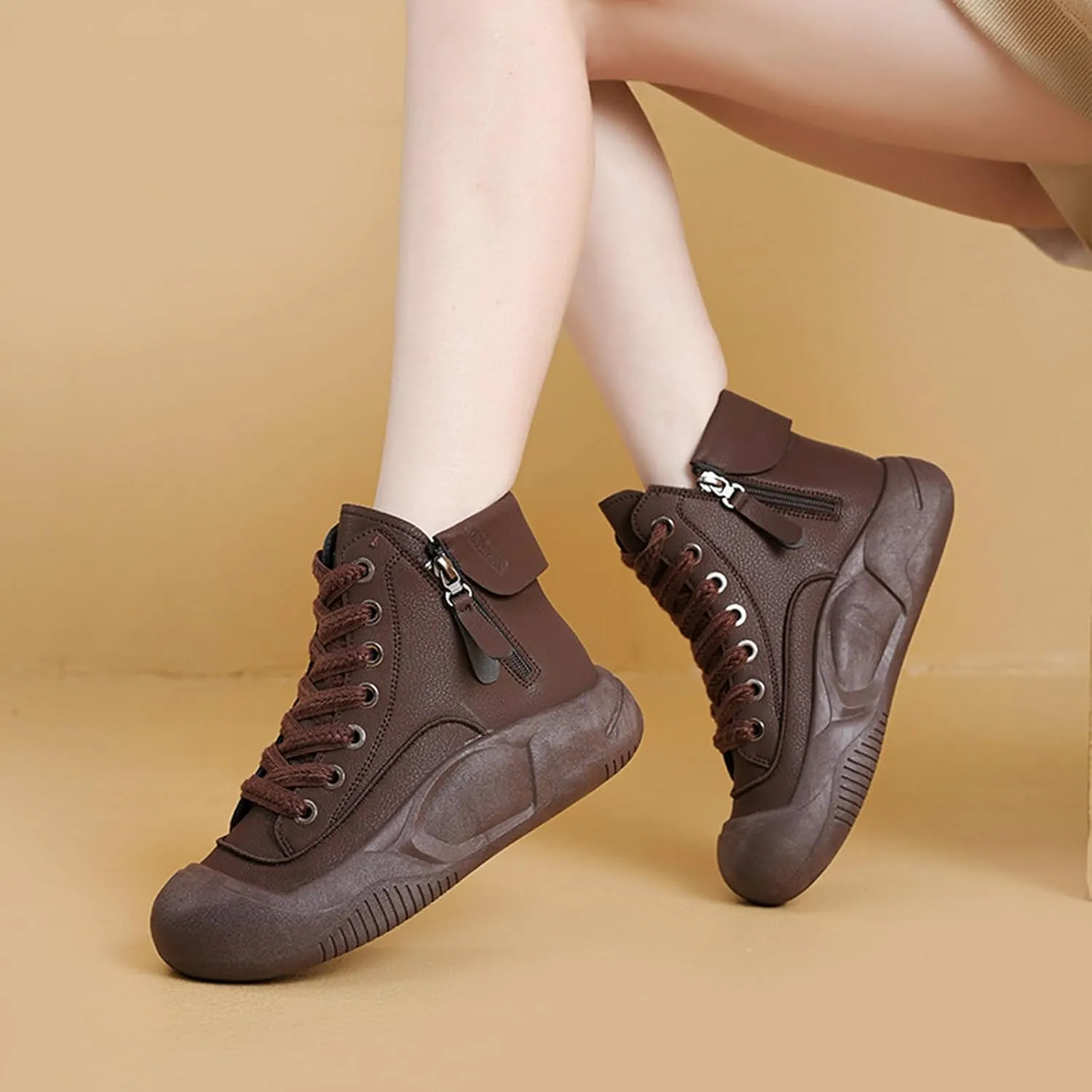 Women's Leather Lace Up Platform Height Increasing Sneakers Fashion Comfortable Round Toe Casual Walking Shoes Side Zipper High Top Outdoor Sports Trainers