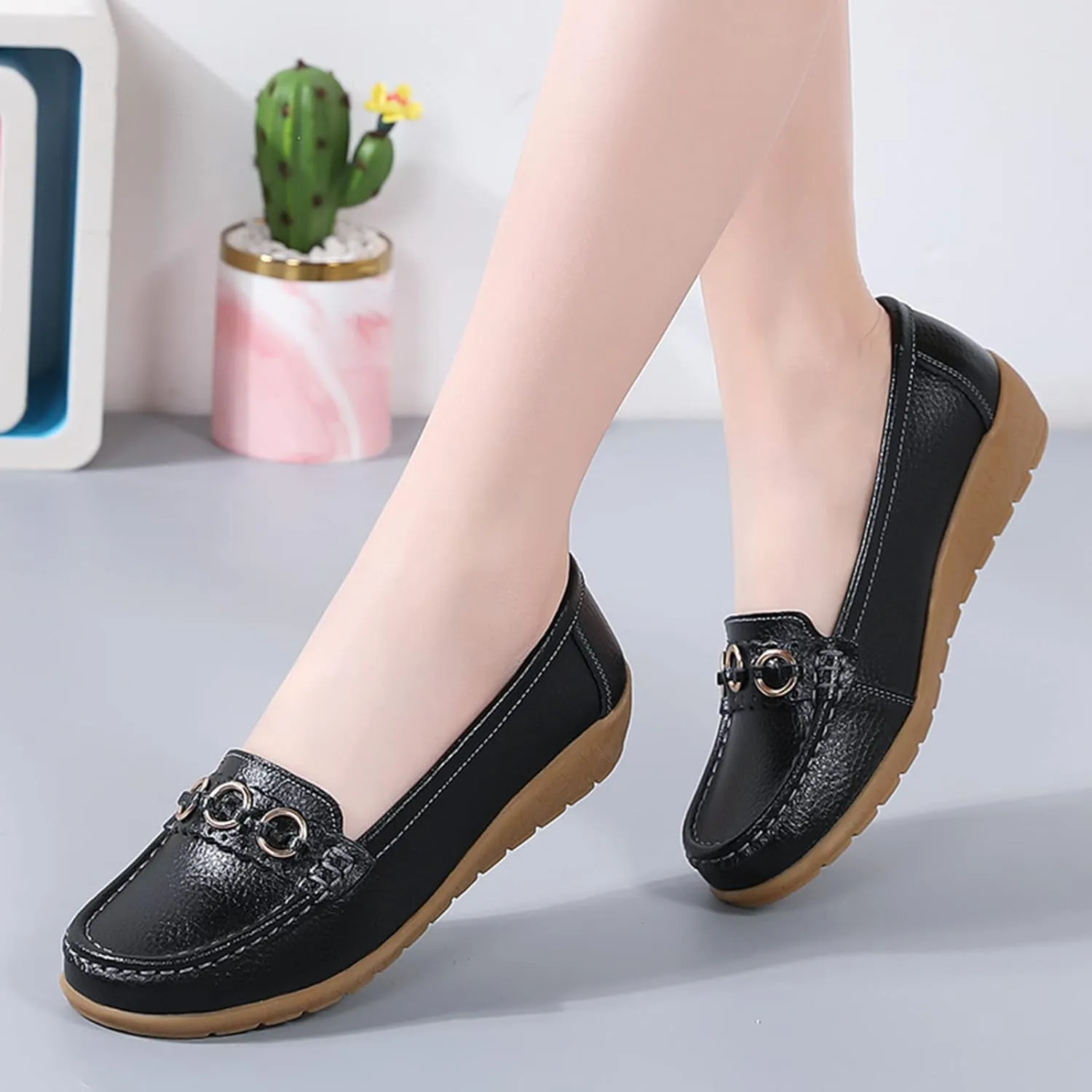 Womens Loafers Comfortable Dressy Leather Penny Loafers Slip On Walking Shoes Arch Support Cushion Orthopedic Shoes