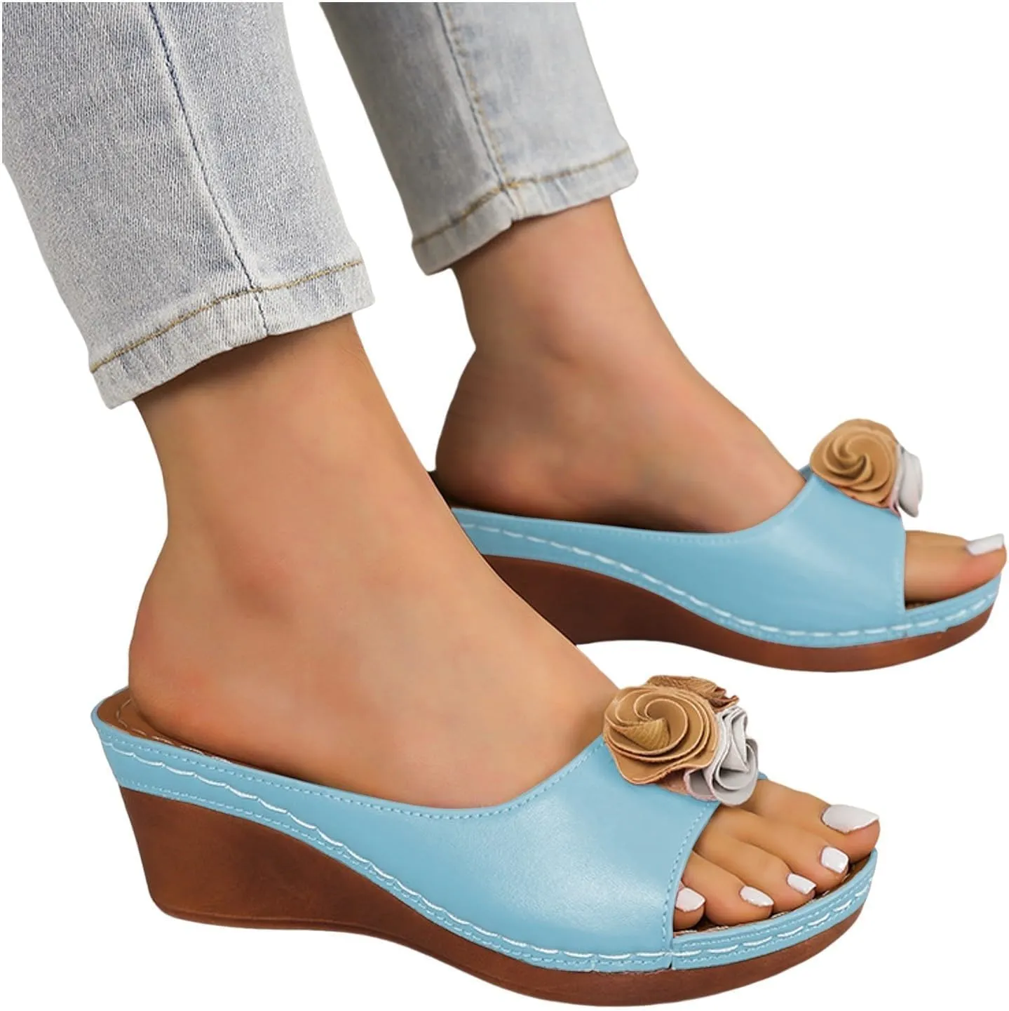 Womens Wedge Sandals Open Toe Mid Heel Platform Ladies Comfortable Elegant Slides Shoes Cute Flower Slippers Lightweight Outdoor Shoes for Prom Wedding Party Office