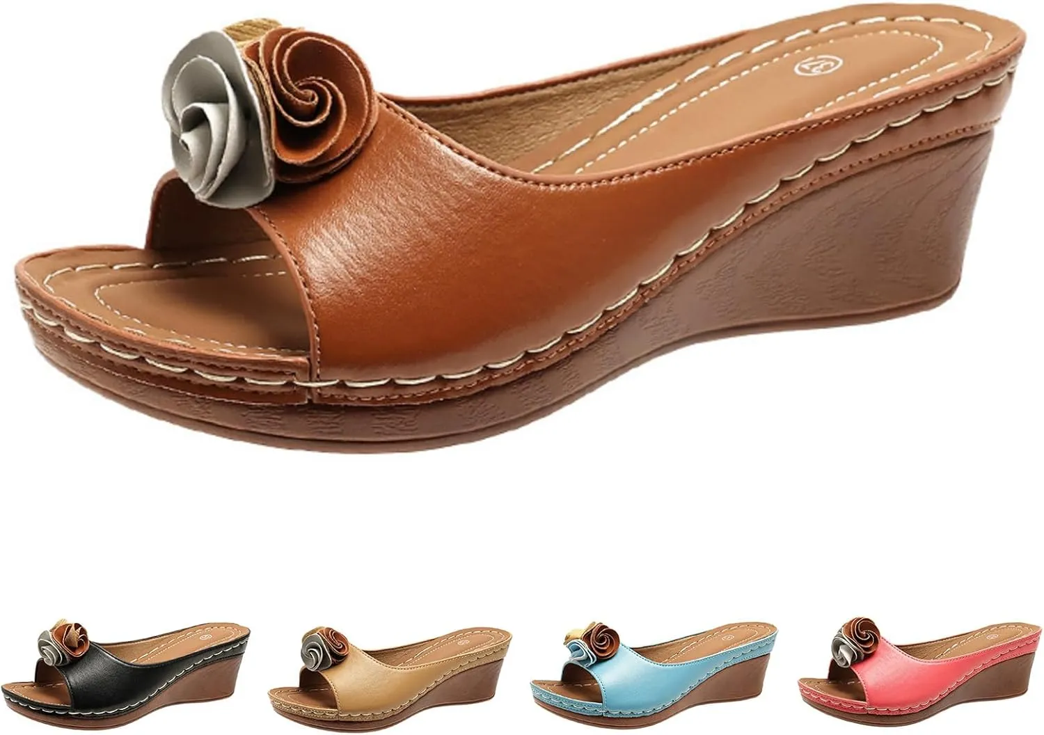 Womens Wedge Sandals Open Toe Mid Heel Platform Ladies Comfortable Elegant Slides Shoes Cute Flower Slippers Lightweight Outdoor Shoes for Prom Wedding Party Office