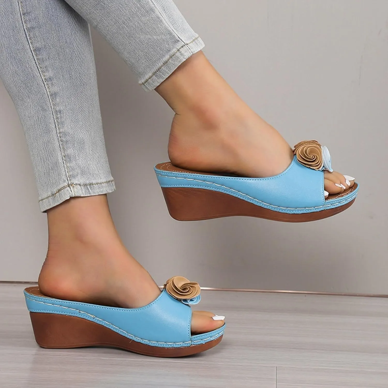Womens Wedge Sandals Open Toe Mid Heel Platform Ladies Comfortable Elegant Slides Shoes Cute Flower Slippers Lightweight Outdoor Shoes for Prom Wedding Party Office