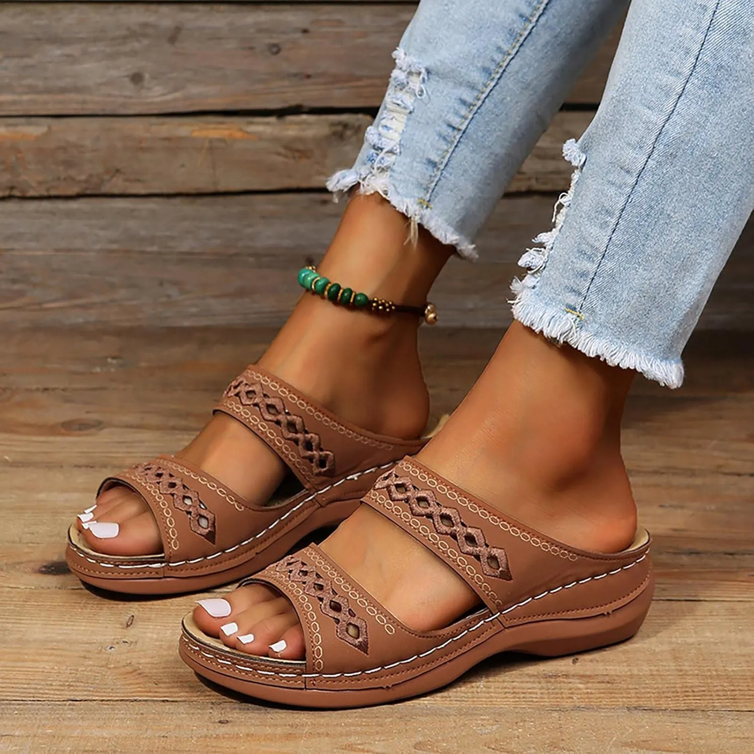 Women'Sandanls Thick Chunky Heeled Slippers Buckle Open Toe Lazy Slip On Female Casual Shoes for Summer Comfort Wedge Wide Feet Ankle Strap Non Slip Outdoor Trendy Hight slipper cork Feet L95-Black