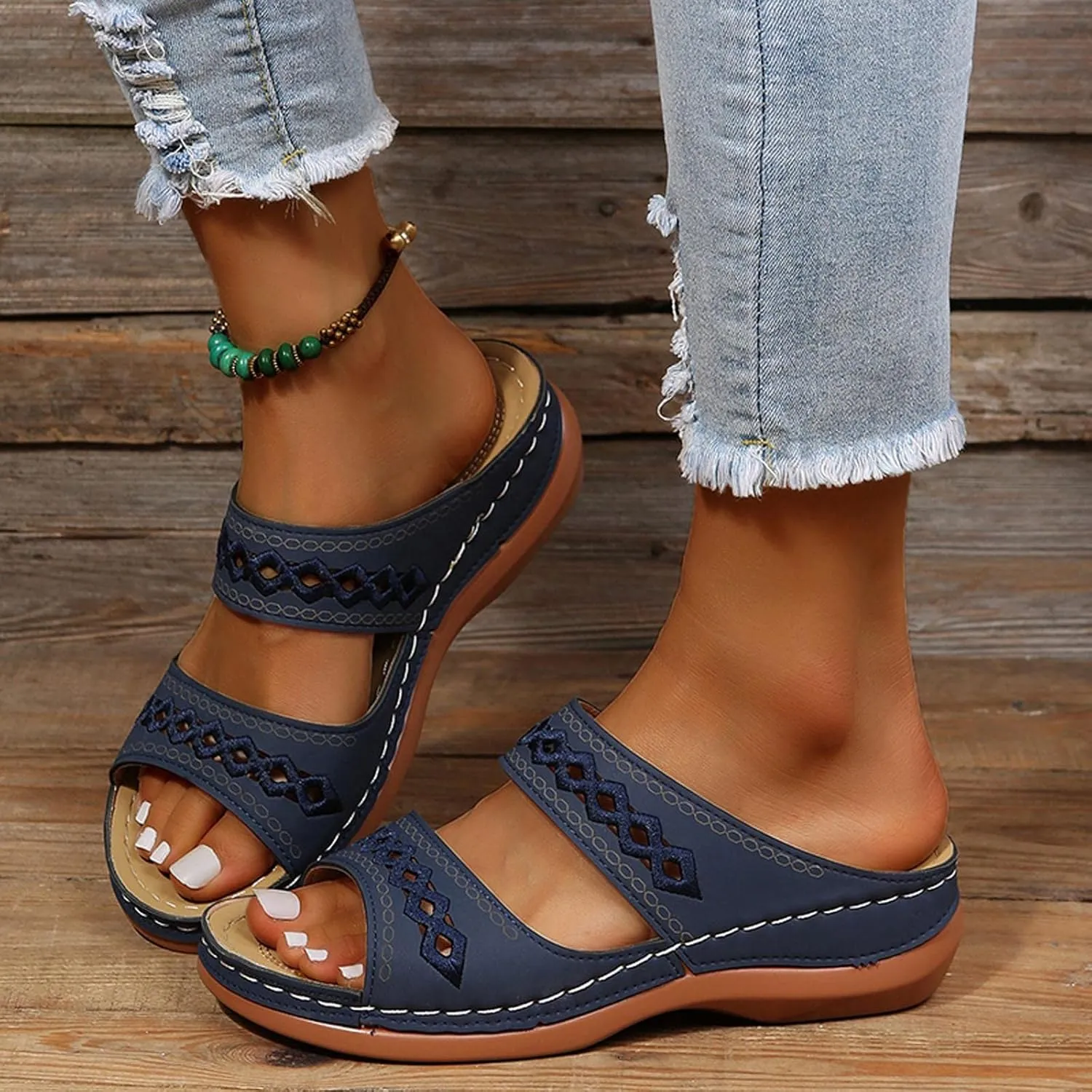 Women'Sandanls Thick Chunky Heeled Slippers Buckle Open Toe Lazy Slip On Female Casual Shoes for Summer Comfort Wedge Wide Feet Ankle Strap Non Slip Outdoor Trendy Hight slipper cork Feet L95-Black
