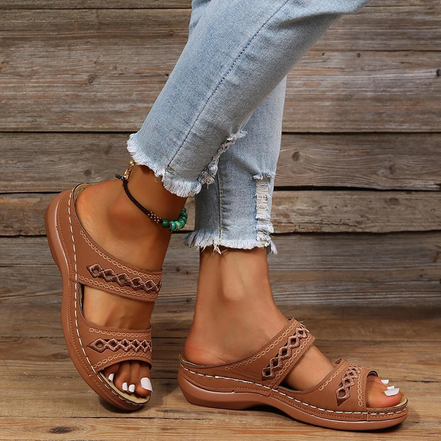 Women'Sandanls Thick Chunky Heeled Slippers Buckle Open Toe Lazy Slip On Female Casual Shoes for Summer Comfort Wedge Wide Feet Ankle Strap Non Slip Outdoor Trendy Hight slipper cork Feet L95-Black
