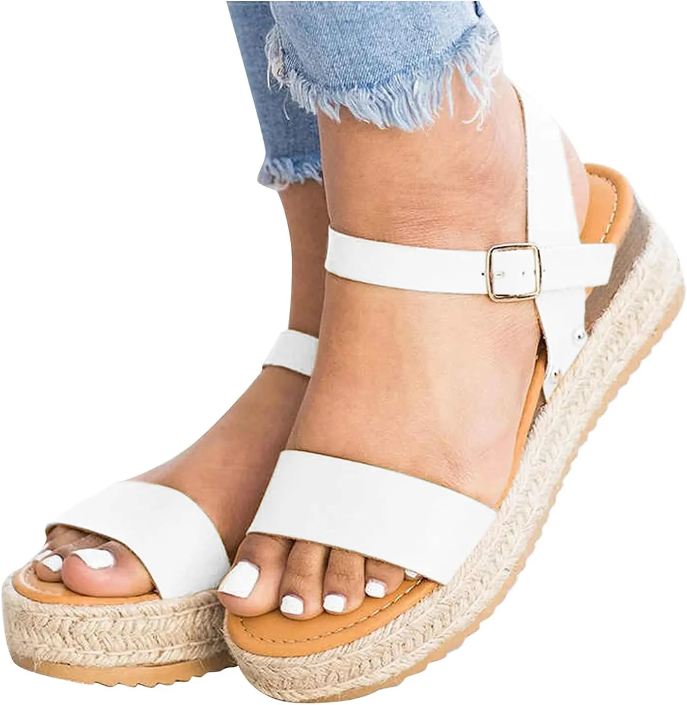 ZBYY Womens Open Toe Casual Ankle Strap Sandals Buckle Espadrilles Flatform Wedge Casual Sandals Comfort Dress Shoes